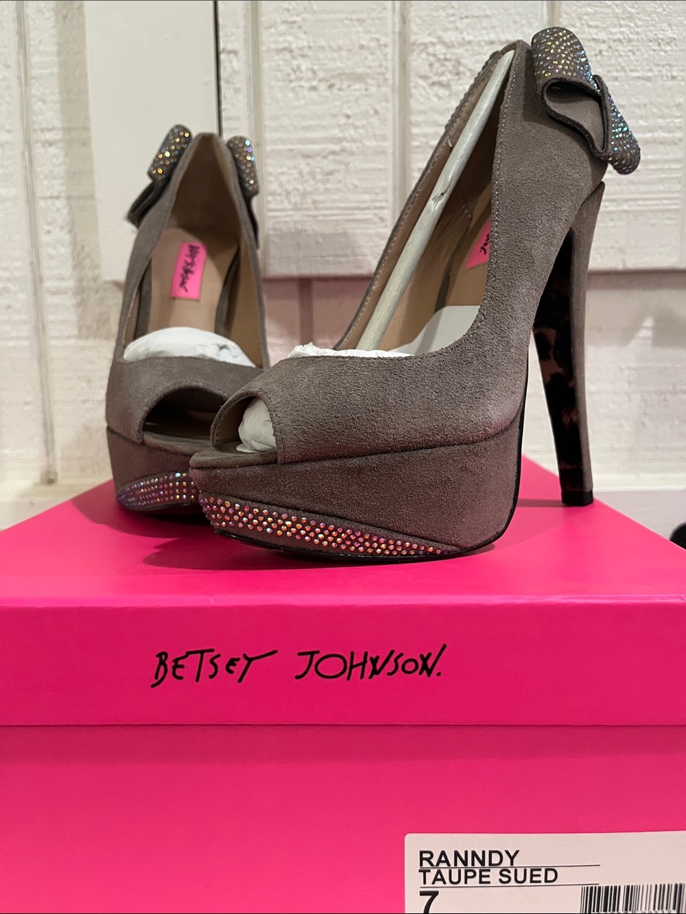 Betsey Johnson Taupe Suede Peep-Toe Platform Heels with Rhinestone Bow